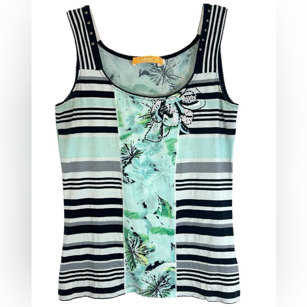 CRISCA Escada LADIES SHIRT MEDIUM GREEN TURQUOISE BLACK WHITE STUDDED BEADED